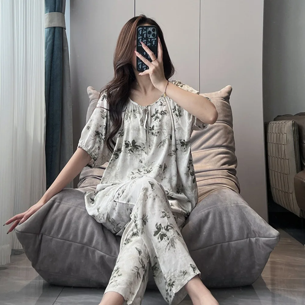 Floral Print Womens Pajamas Sets Summer 2 Pcs Sleepwear Short Sleeve Tops and Long Pants Soft Night Wear for Ladies Loungewear