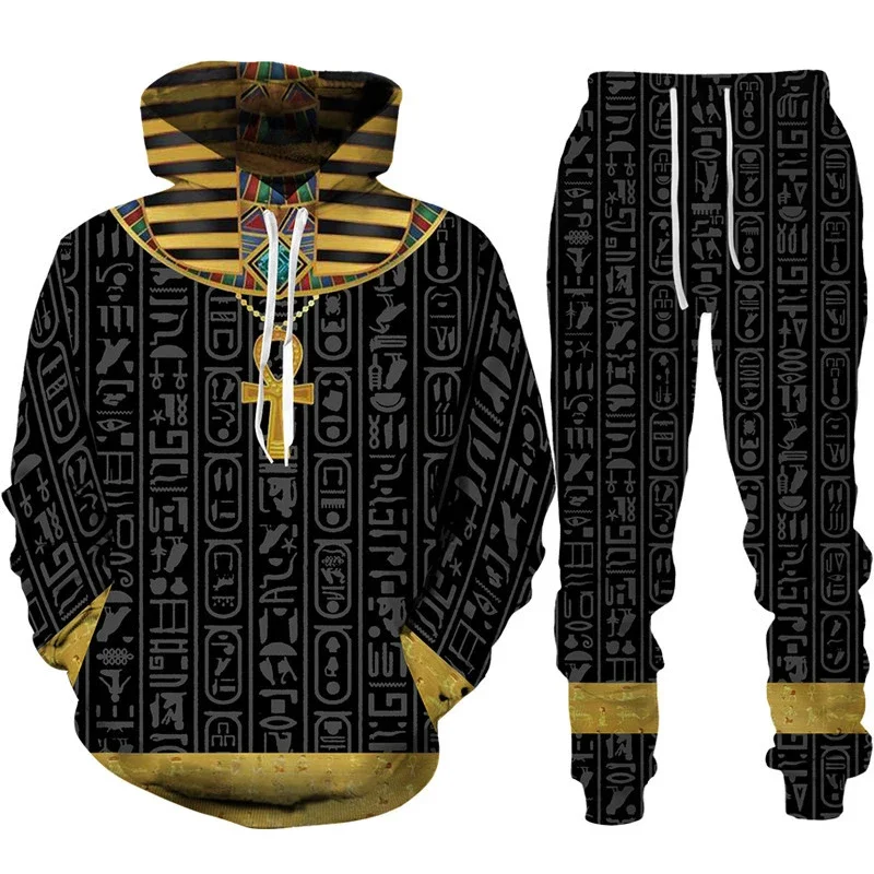 Moletom e calças com capuz estampado em 3D masculino, conjunto de corrida solto, streetwear casual, Hórus antigo, Deus egípcio, olho do Egito, faraó