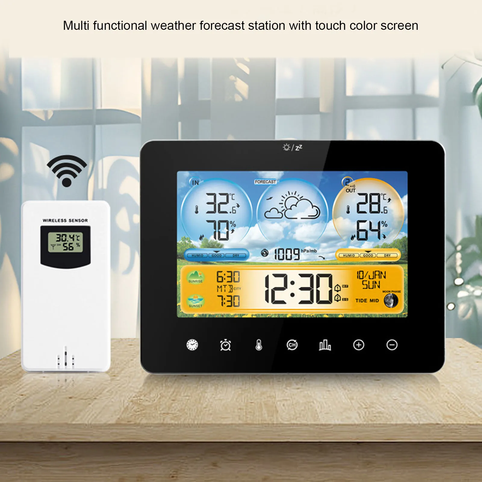 Weather Forecast Station Weather Forecast Station Wireless Indoor Outdoor Touch Digital Time RF Sensing Hygrograph with Clock