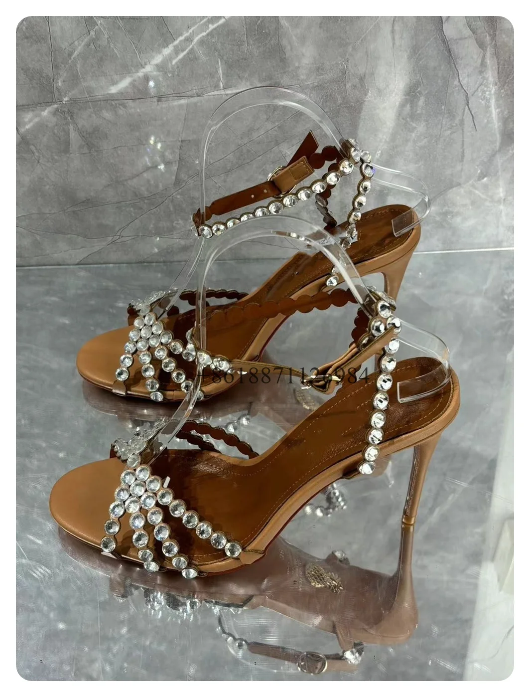 Ankle Strap Bling Rhinestone Peep Toe Summer Women Sandals Stiletto High Heels Buckle Strap Design Large Size Party Shoes