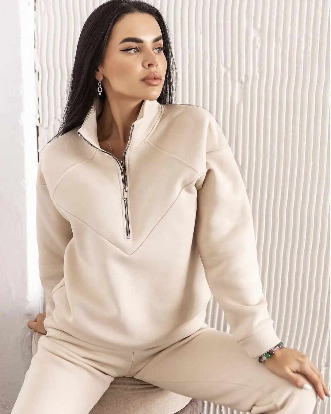 

Two Piece Sets Women Thick Pant Set Solid Casual Loose Stand Collar Zipper Full Sleeve Sweatshirts Splice Regular Long Pants