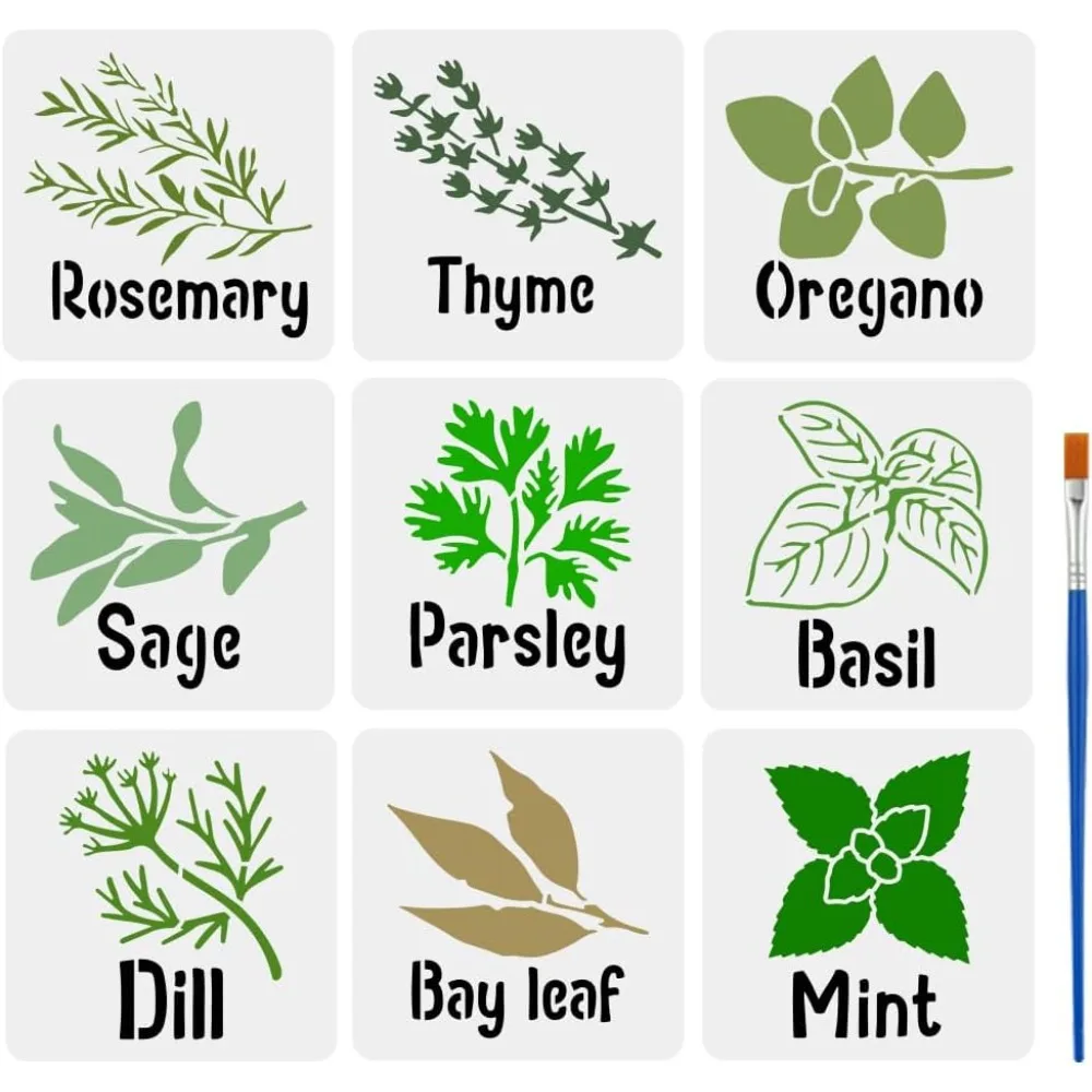 Juego de 9 Plantillas Variadas de Vainilla con Pincel, 5.9x5.9 Pulgadas, Plantillas de Romero, Tomillo, Orégano, Salvia, Perejil, Albahaca y Anís