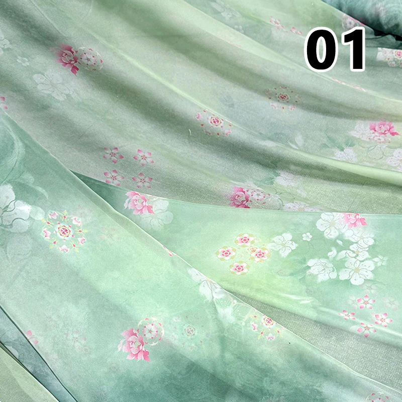 

50x150cm Green Chiffon Fabric with Flower Print for DIY Ancient Style Hanfu Dress Shirts Doll Sewing Summer Organza Tulle