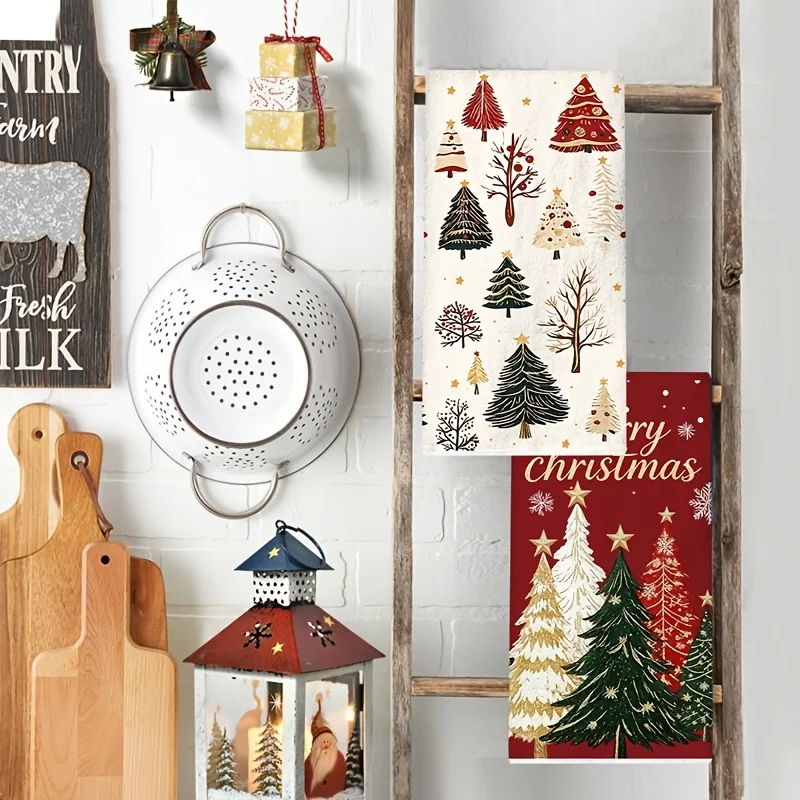 2-Pack Christmas Kitchen Towel Christmas Tree Snowflake Dish Towel, Red and Beige Super Soft Absorbent Hand Towel