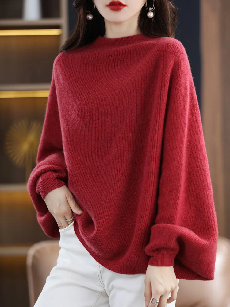 2024 New Spring Autumn 100% Merino Wool Women Pullover Soft Solid Color Cashmere Knitwear Shawl  Korean Popular Female Sweater