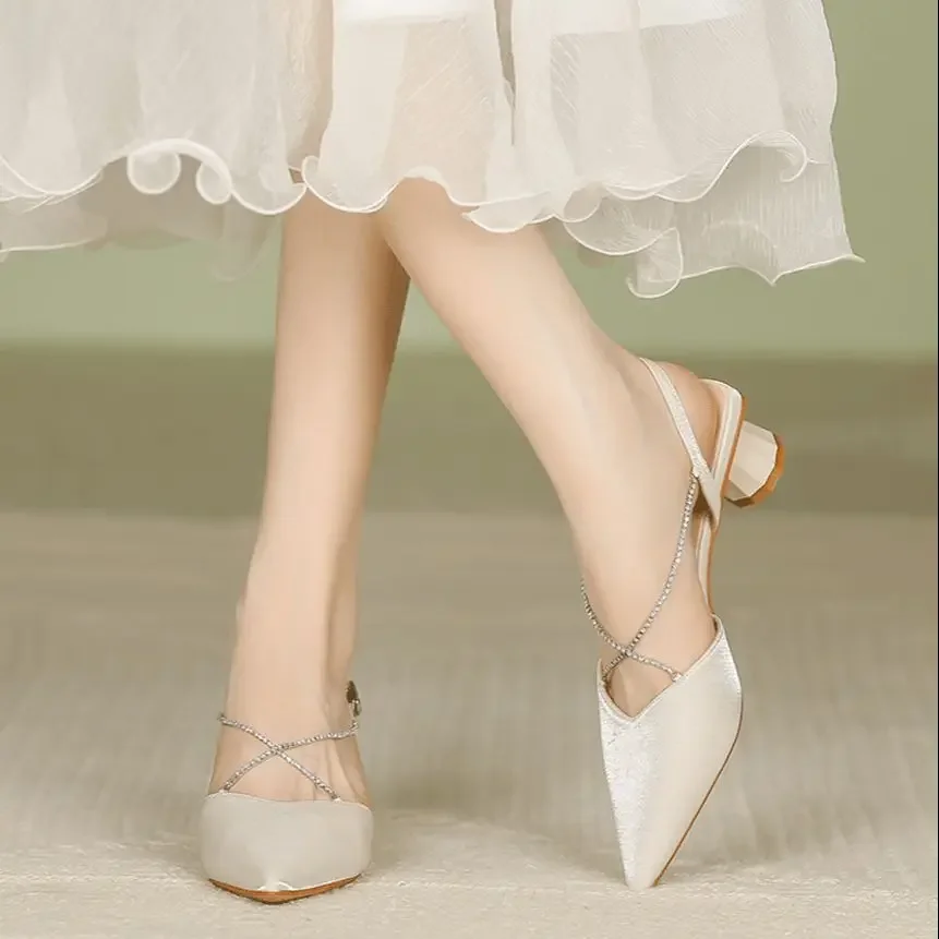 Women French Style Thick Root High Heels New Rhinestone Chain Pointed Toe Elegant Sandals For Female Bridesmaid Shoes