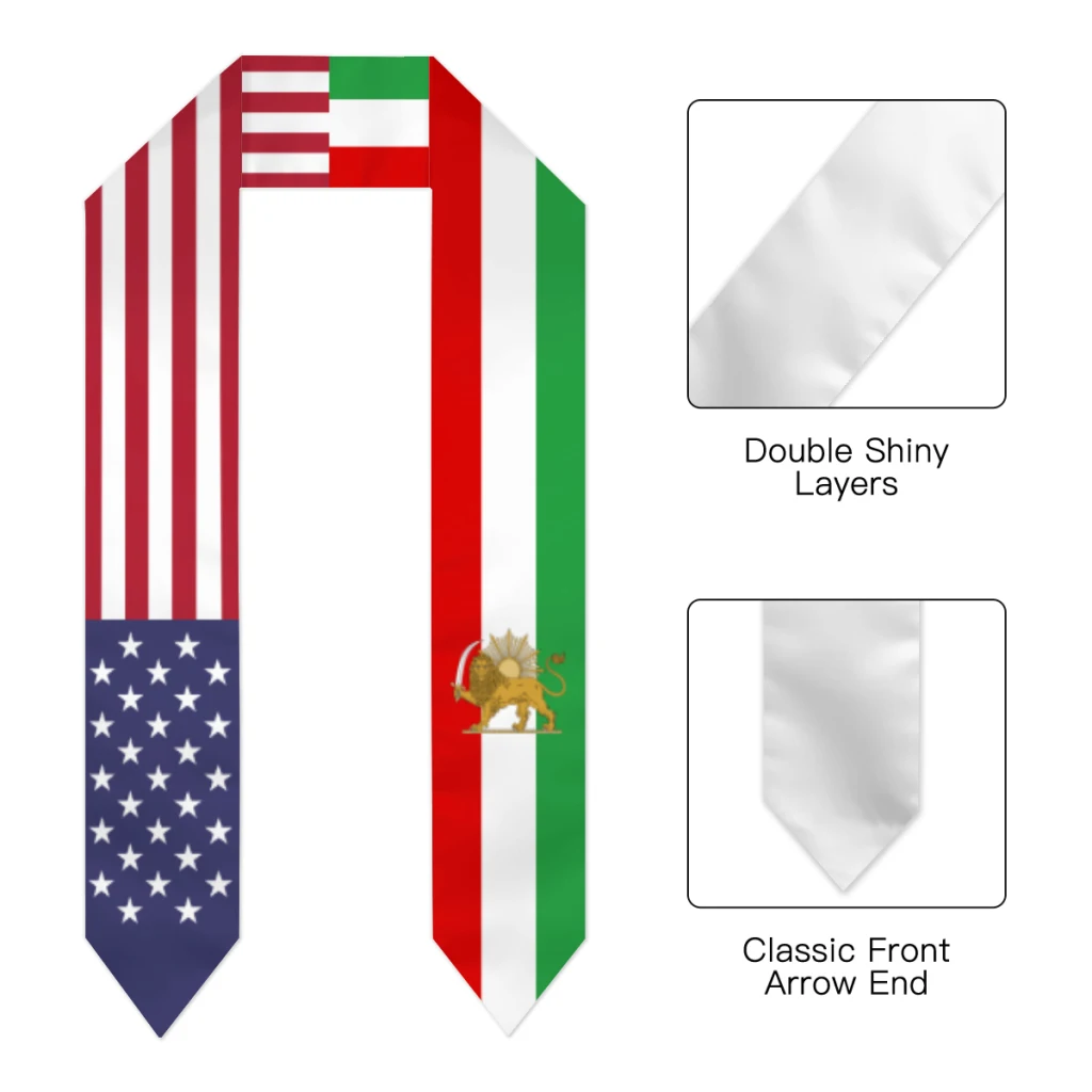 Graduation Sash Iran Persia Sun Lion & USA United States Flag Stole Shawls Graduate Wraps Scraf International Student Pride Gift