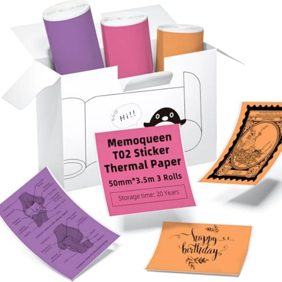 T02 S002 AHM2 Mini Printer Color Thermal Sticker Paper, 50mm, 3 Rolls 50mmx3.5mm, Strong Sticky, DIY Journal, Color Labels, Kee