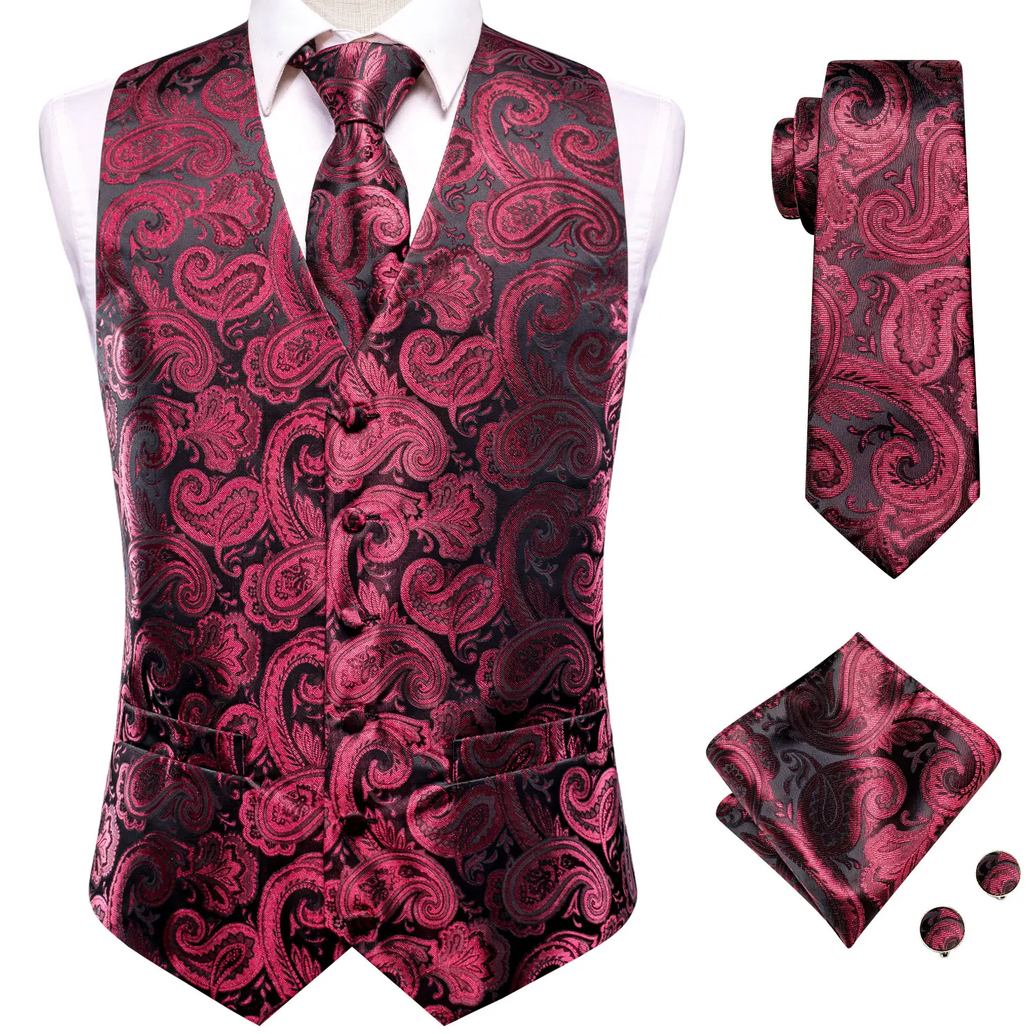 Black Burgundy Paisley Jacquard Vest Matching Set Tie Pocket Square Cufflinks For Wedding Banquet Engagement Gala