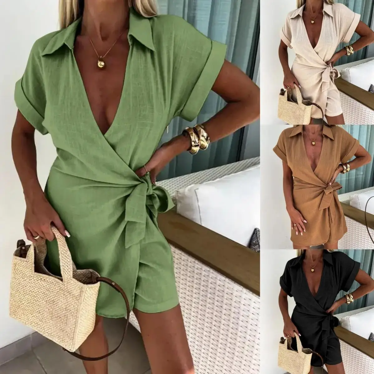 

Женский комбинезон на шнуровке с лацканами, летний костюм с длинными брюками из полиэфирного волокна, дизайн со средней талией, без фирменной рекламной марки