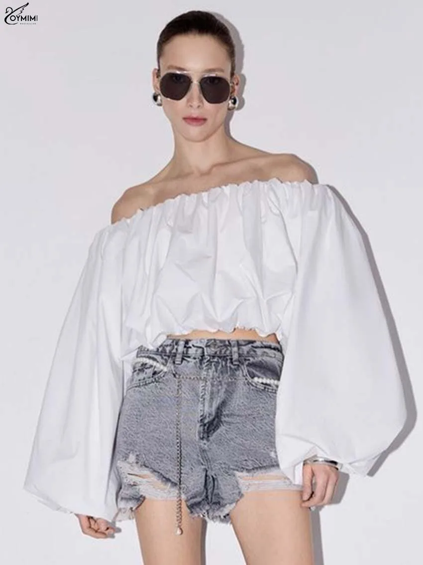 Oymimi, blusas elegantes de algodón blanco para mujer, blusas holgadas sin tirantes con mangas abullonadas a la moda, Tops cortos lisos para otoño, ropa femenina