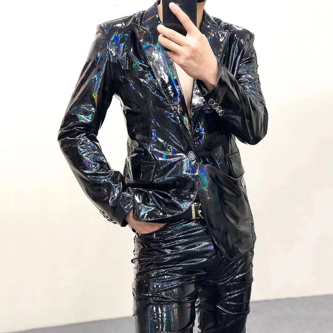 Black phantasmagoric mirror leather suit man plus-size show suit patent leather jacket custom club clothes