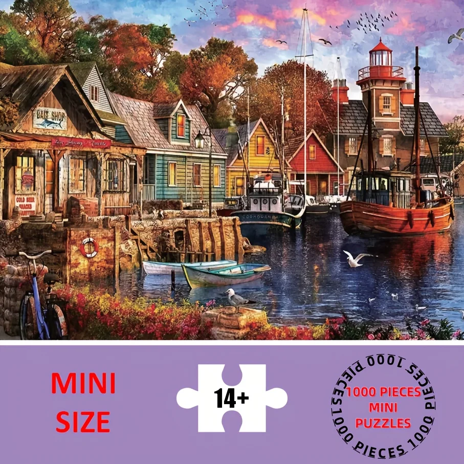 

Mini Size A Adult Jigsaw Puzzle - Vibrant Coastal Fishing Village Scene with Lighthouse, Sailboats, and Colorful Houses, Ideal