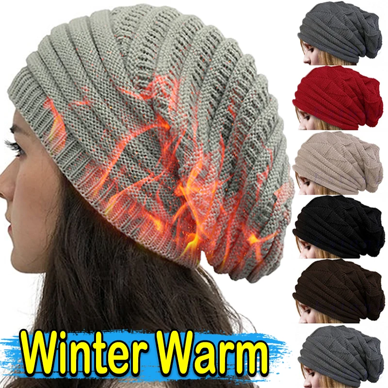 Baggy Slouchy Caps Women Ladies Winter Warm Knitted Beanies Hat Classical Skullies Fordable Woolen Cap Ear Warmer Bonnet Berets