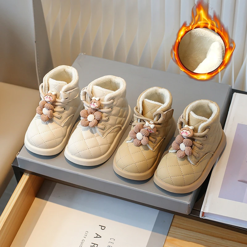 Winter Snow Boots For Little Girls Trend Fashion Cute Plaid Girl's Snow Boots Faux Fur Cotton Shoes Plush Fashion Boots