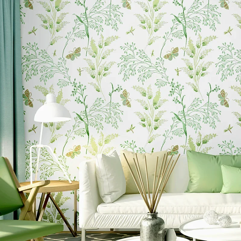 Hipster TV Background Wallpaper Artistic Pastoral Style Green Color Small Floral Warm Bedroom Living Room Nordic Wallpaper