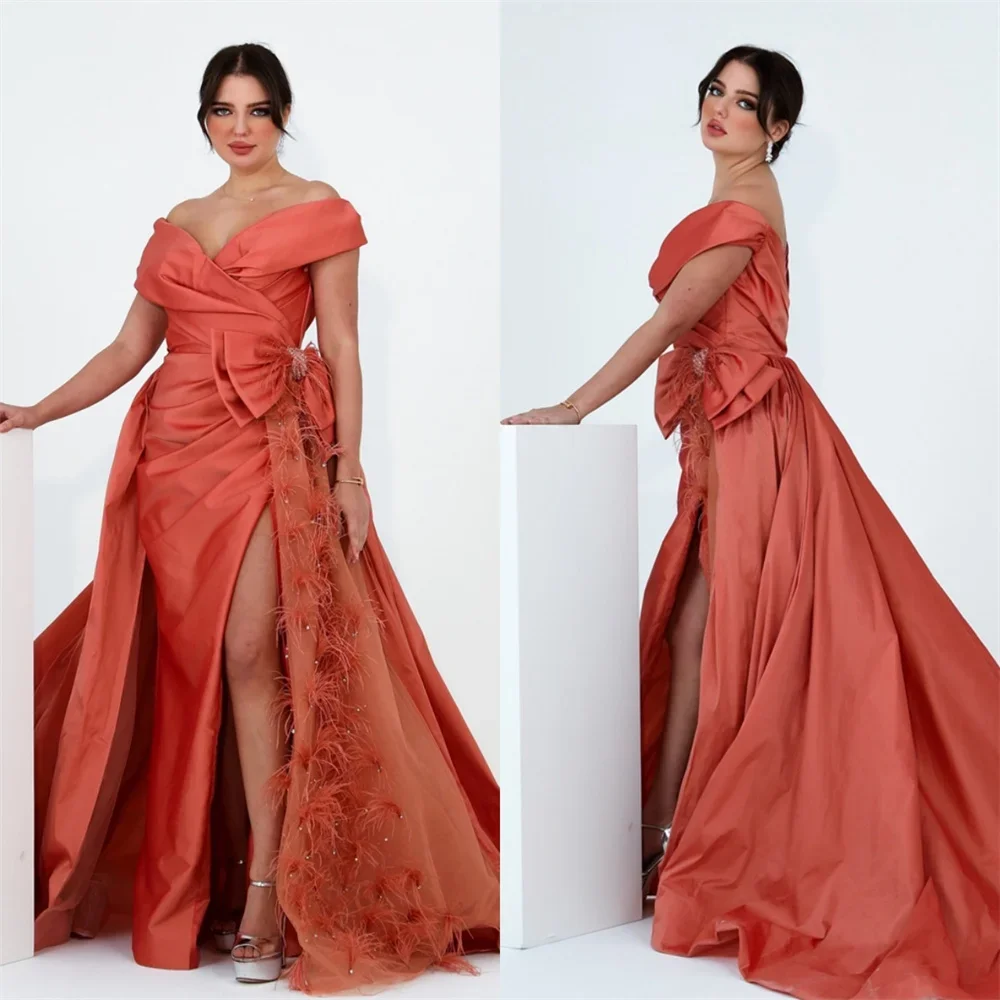 

Formal Gown Evening Prom Dress Dearin Off-the-shoulder Ball Floor Length Open Back Skirts Fold Draped Bows Feather Bespoke Occas