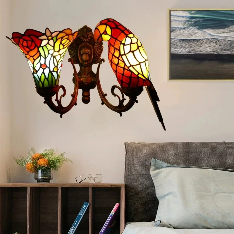 European Tiffany Study Bedroom Bathroom Living Room Kitchen Dining Room Colorful Glass Parrot Wall Light