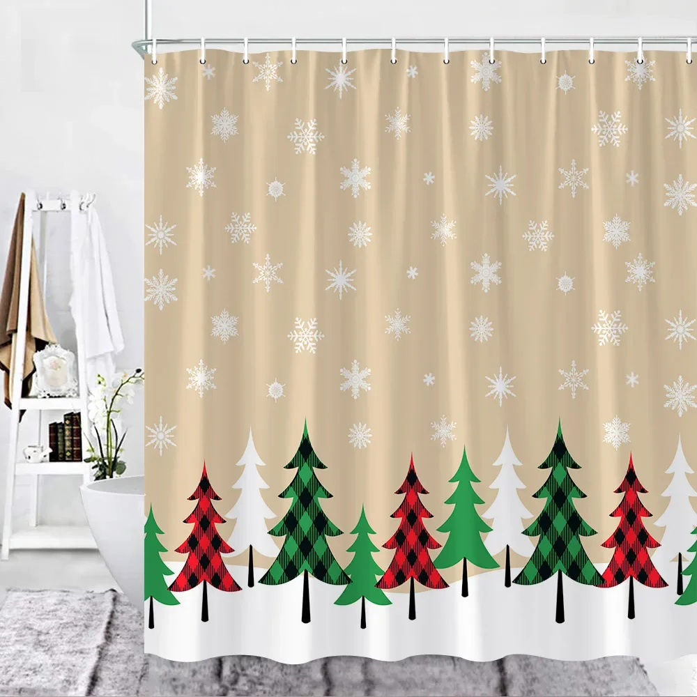 Christmas Shower Curtain Set Red Bathroom Curtains Buffalo Checker Xmas Tree Snowflake Snow New Year Decor Fabric Cloth Hooks