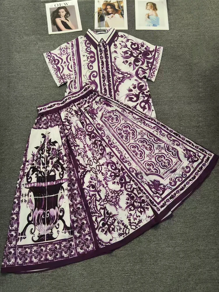 

2025 Summer Women's retro geometric print lapel straight-leg shirt two-piece set + High-waisted loose A-line skirt Fashion set