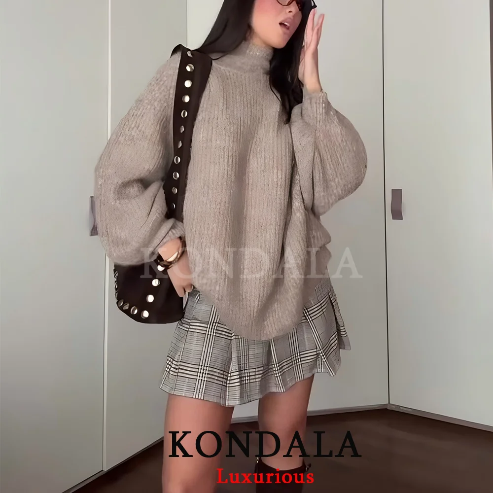 KONDALA Casual Chic Khaki Knit Sweaters Women Half Turtleneck Long Sleeve Oversized Sweaters Fashion 2026 Spring Soft Girl Tops