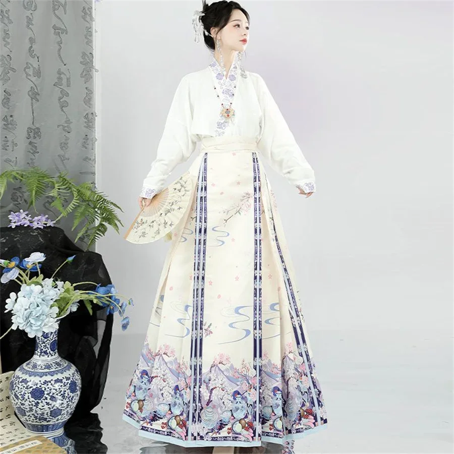 

Vintage vrouwen Chinese traditionele Hanfu vest shirt + blauwe geplooide MaMian rok Chinese Hot Hanfu shirt paard gezicht rok se