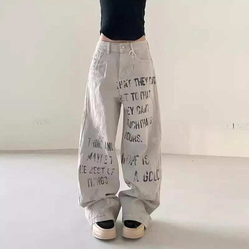 Donna Vintage Graffiti Albicocca Y2k Jeans 2025 Autunno a vita alta American Retro Streetwear Pantaloni in denim a gamba larga Pantaloni larghi