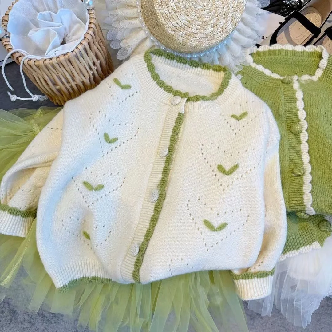 

Autumn Baby Girl Clothes Green Heart Cardigan Children Sweaters Tops Clothing Casual Kids Tunic Pull Fille Tiny Cottons