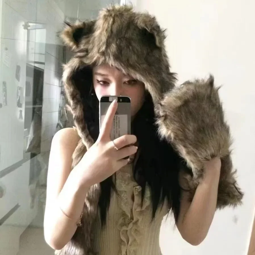 

Fluffy Fox Ear Hat Scarf Set for Women, Winter Warm Fleece Ear Muffs Neck Warmer and Gloves Cold Weather Accessories