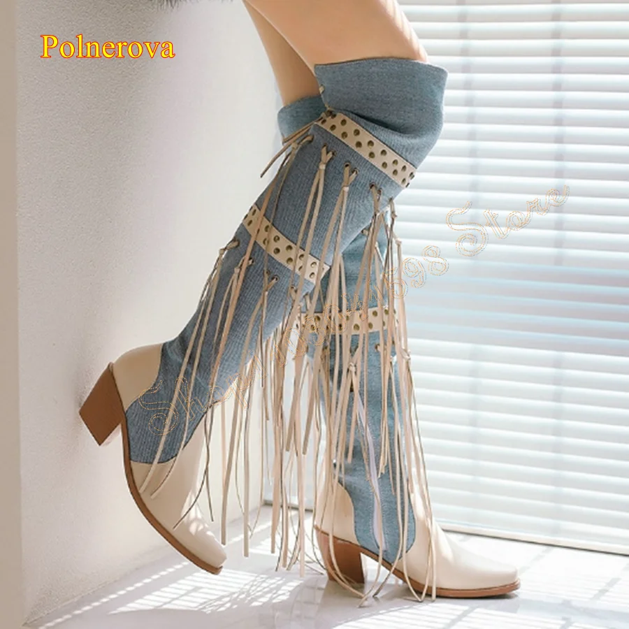 

Fringed Leather Canvas Heeled Boots,Round Toe Chunky Heel Over The Knee Boots Zipper Women Boots2024 New Zapatos Para Mujere