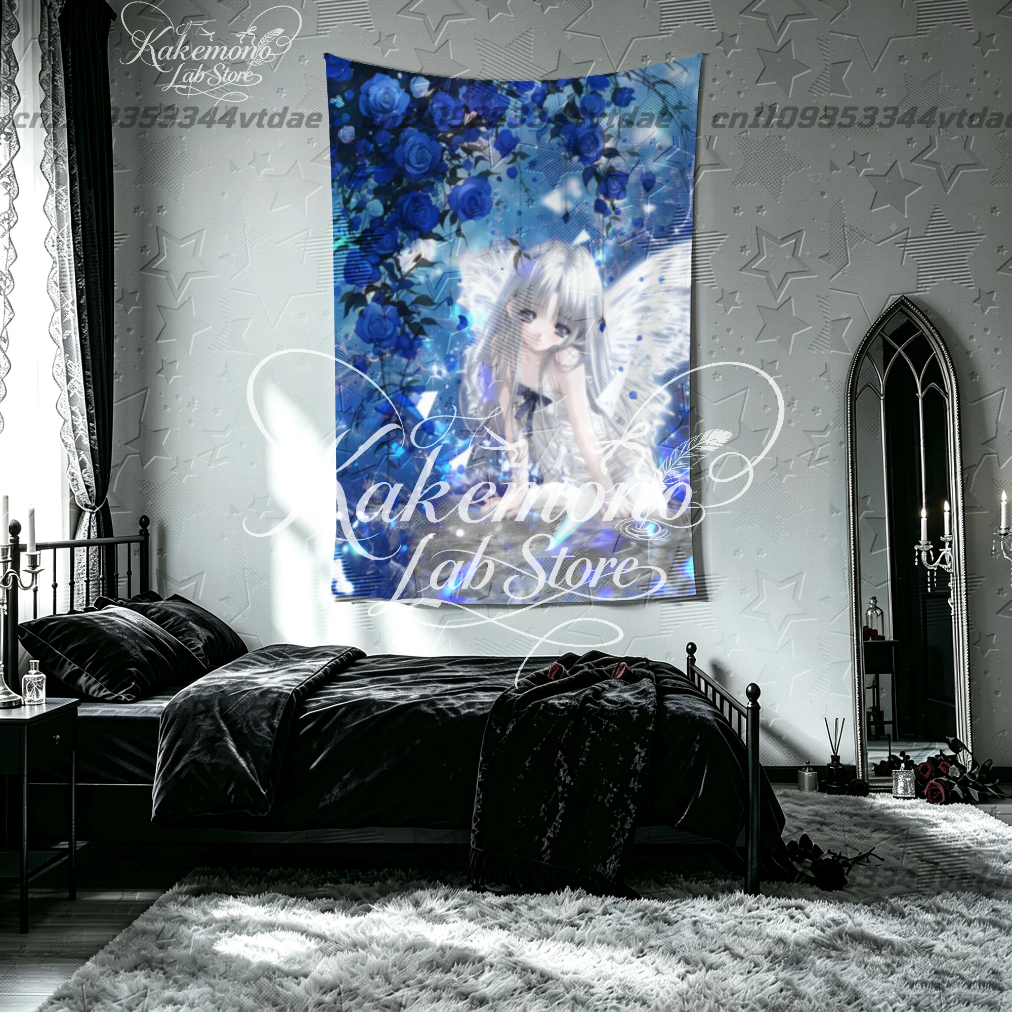 Vintage Retro Curly Dark Hair Anime Girl Vertical Tapestry Elegant Mint Green Red Floral Lace Style Wall Hanging Bedroom Decor