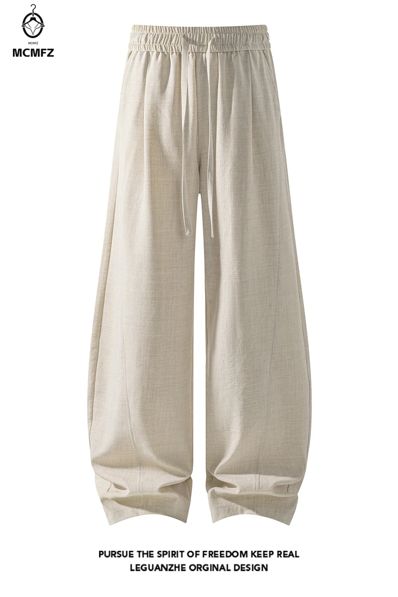 Male Daily Wear Wide Leg Long Pants Elastic Waist Drawstring Clean Loose Silhouette Minimal Fashion Casual Bottoms