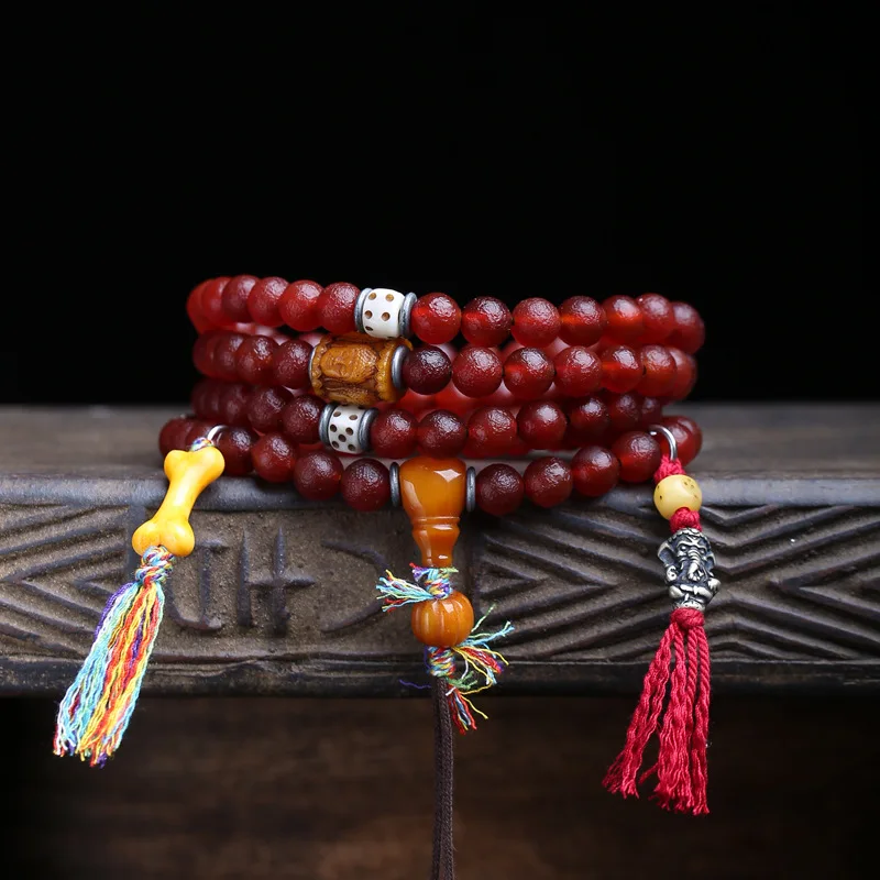 Natural South Red Agate 108-Bead Buddhist Prayer Beads Sweater Chain Tassel Yak Bone Side Pendant Three-Way Four-Sided Buddha Ac