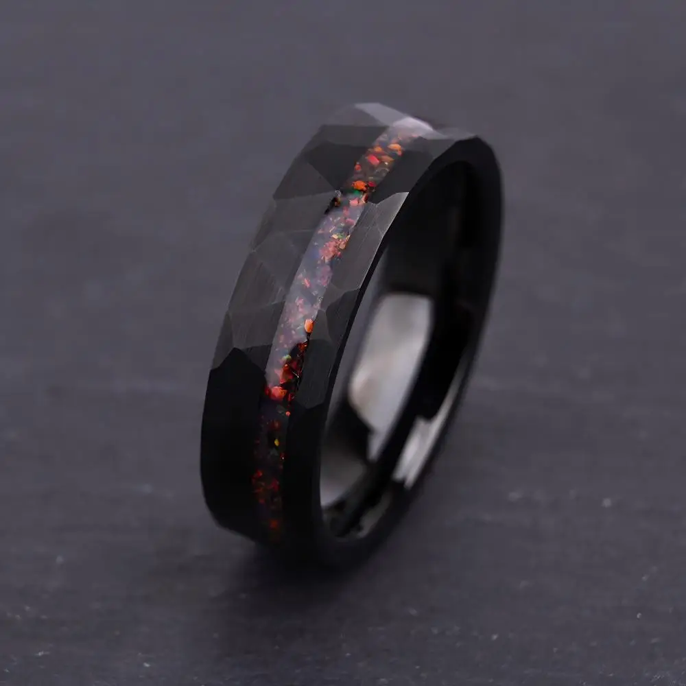 

6mm IP Black Plated Channel Set Real Broken Opal Hammered Tungsten Carbide for Men Women Couple Wedding Ring Set Free Shipping