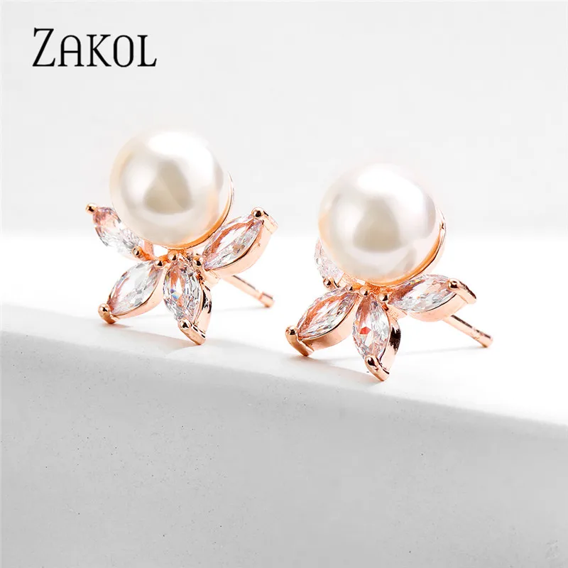 ZAKOL Classic Round Simulated Pearl Stud Earrings for Women Shinny Zirconia Crystal Bridal Wedding Party Fashion Jewelry