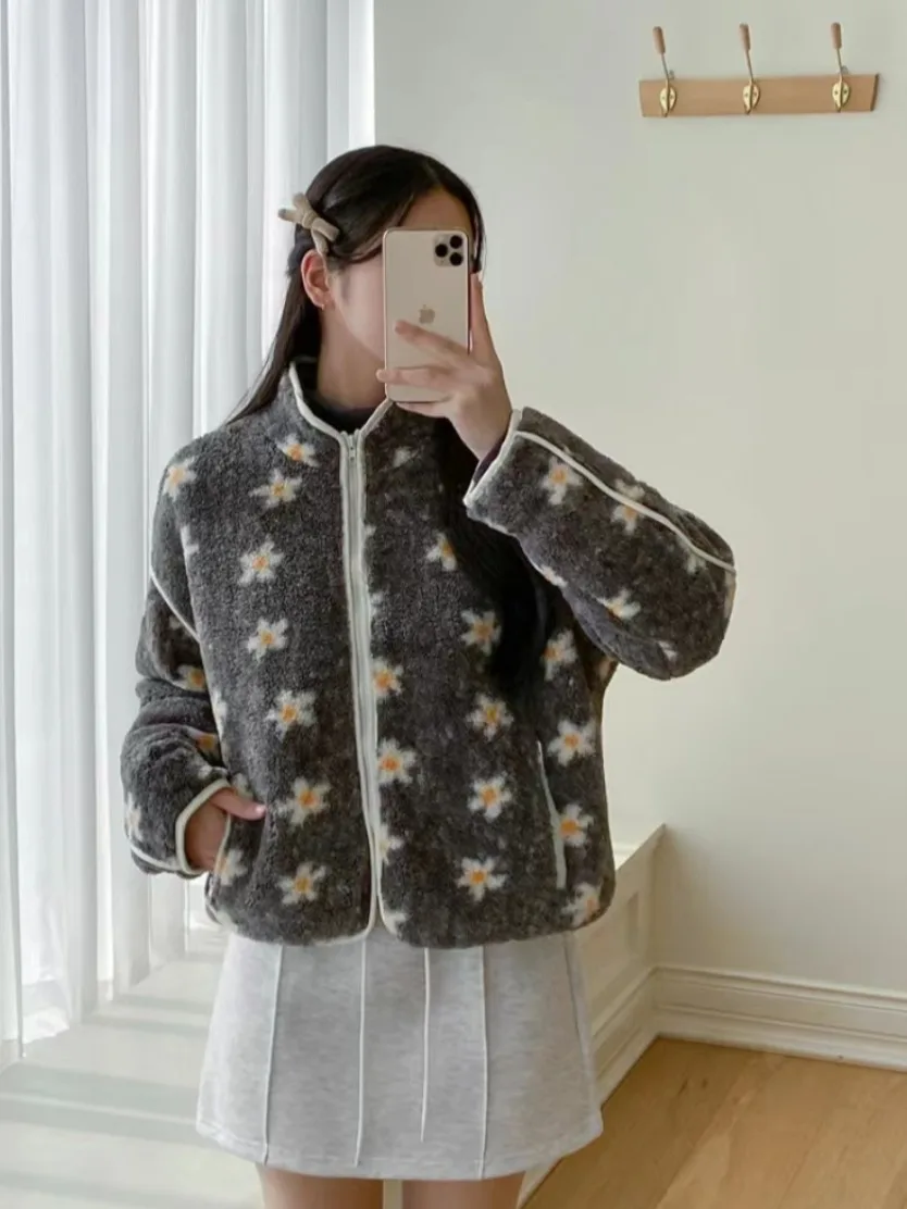 세련된 빈티지 겨울 따뜻한 플로럴 프린트 퍼리 지퍼 코튼 재킷 롱 슬리브 루즈 아우터웨어 20대 여성용