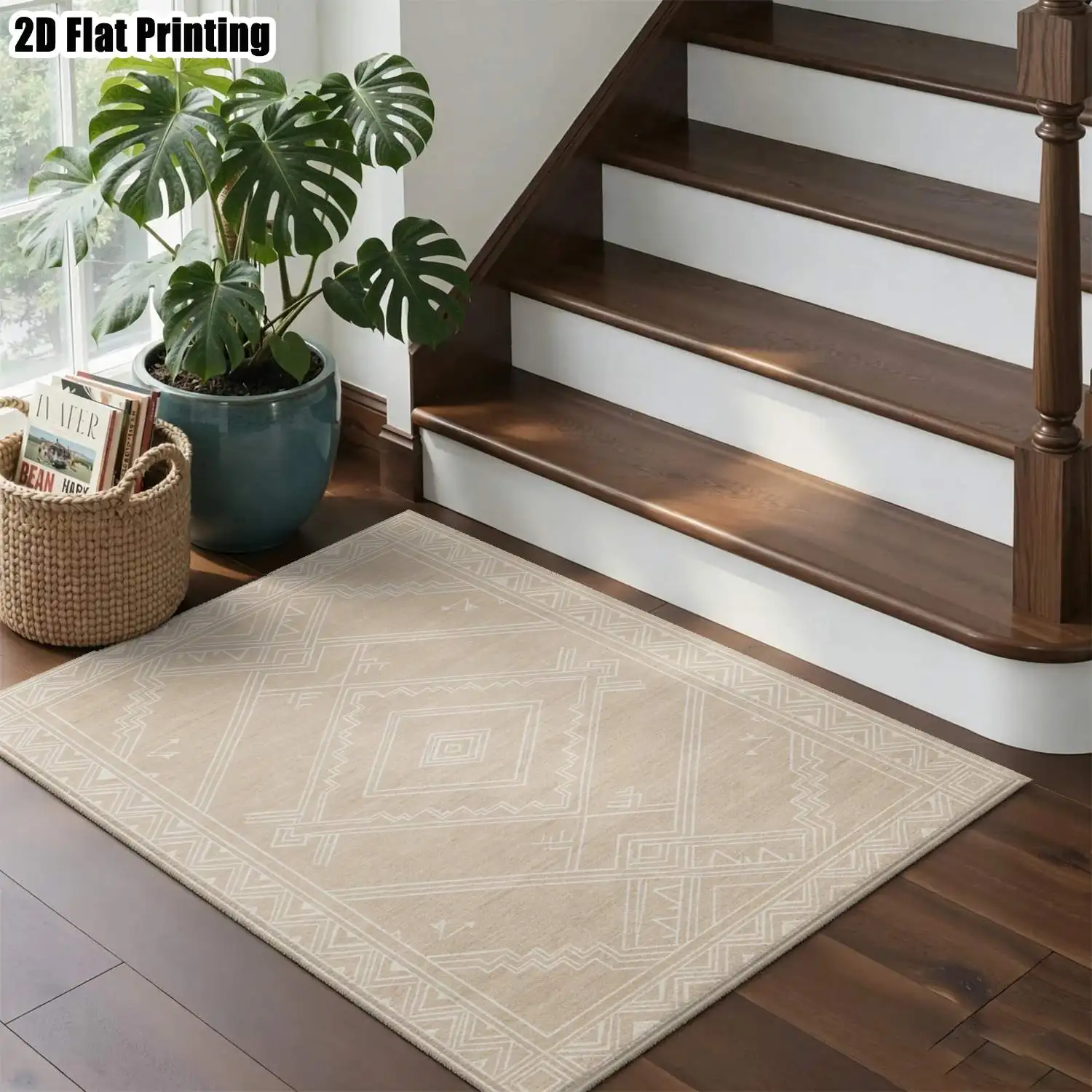 1Pc 2D Printed Beige Geometric Abstract Nordic Modern Minimalist Vintage European Carpet, Multi-Size Machine Washable Home Decor Mat for Entrance, Living Room, Bedroom, Dining Room, Foyer