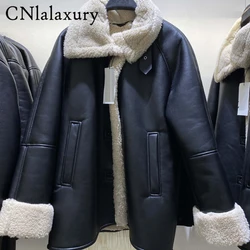 Original Quality Fleece Faux Leather Jacket Women Parkas Long Sleeve Black Jacket Casual Coats Button Warm Winter Woman Coat