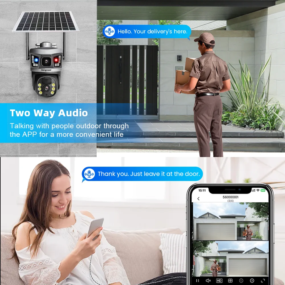 Hongnaer 8MP 4K Smart Solar Panel Powered Wireless WiFi PTZ IP V380 Pro Dual Lens WiFi Outdoor CCTV Solar Security Camera