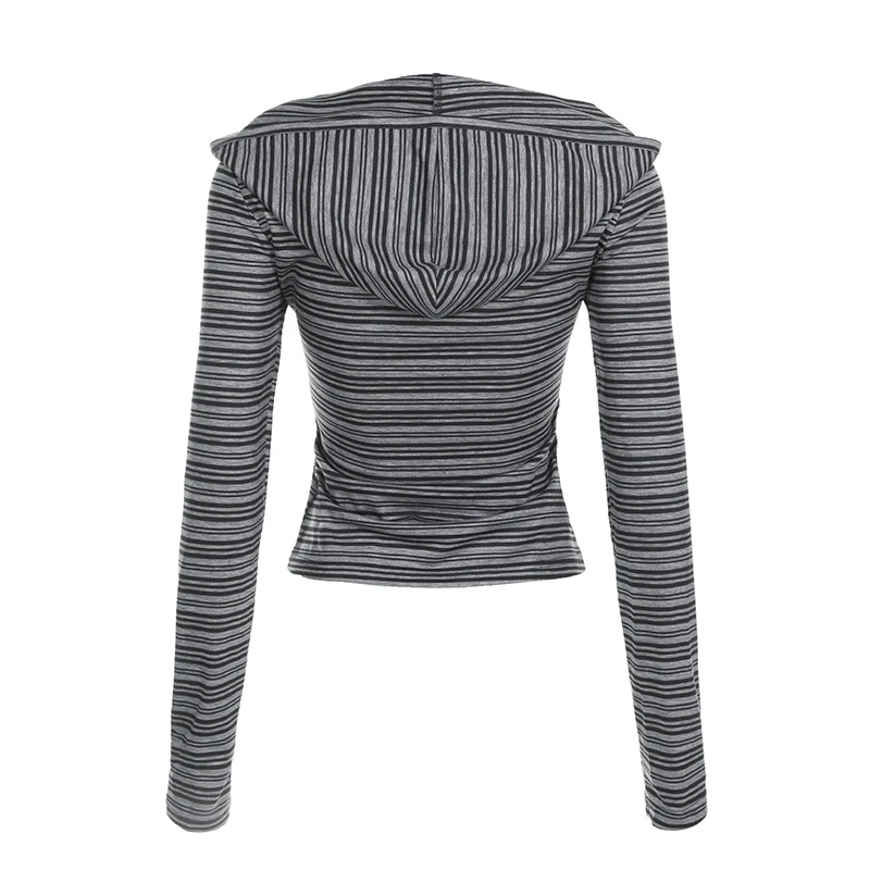 Casual Striped Breasted Long Sleeve Hooded T-Shirts Women Design Slim Fit Simple Fashion Blouses image 6