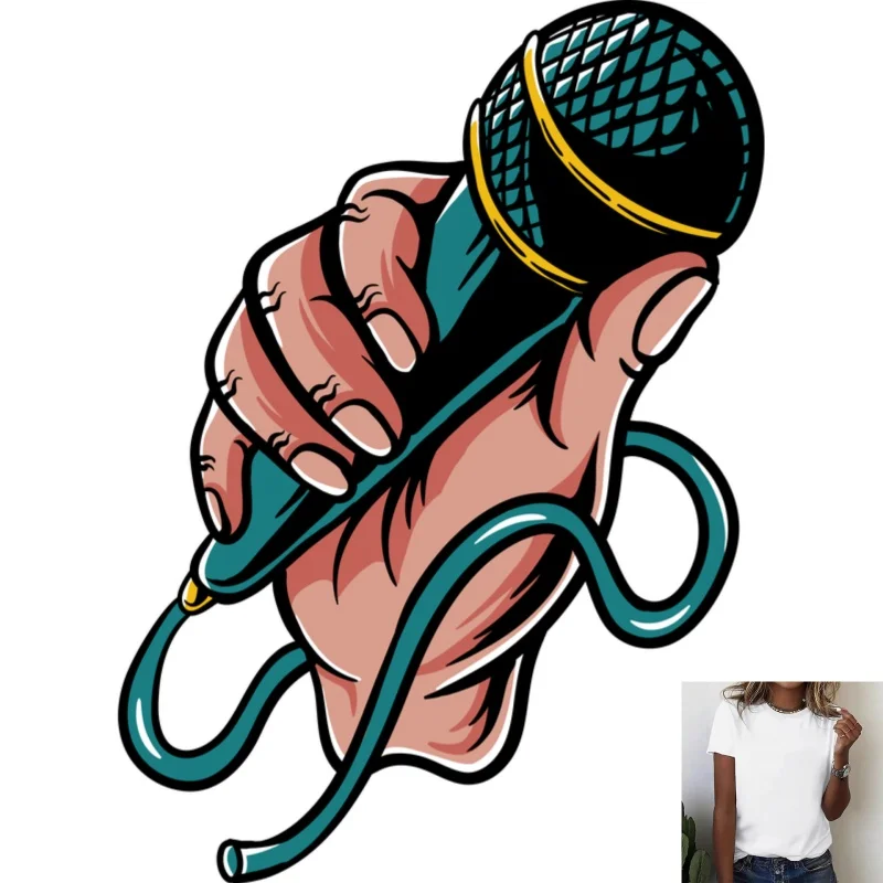 Trendy Hand - Drawn Microphone - Holding Pattern Heat - Transfer White Ink Iron - on Decal, Suitable for T - Shirts/Canvas