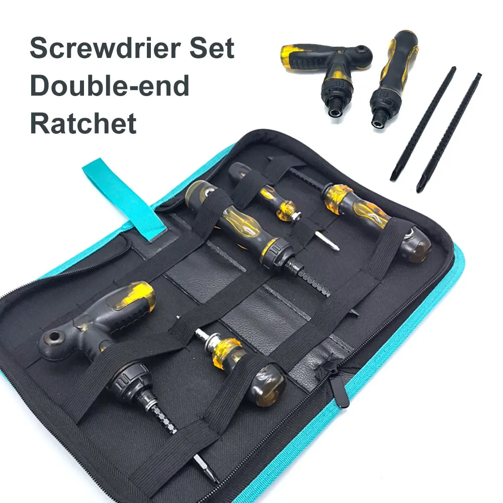 5pcs Screwdriver Set in Canvas Storage Bag T‑Shape Handle 6mm Ratchet Yellow‑Black Transparent with Detachable Double‑Head Bits