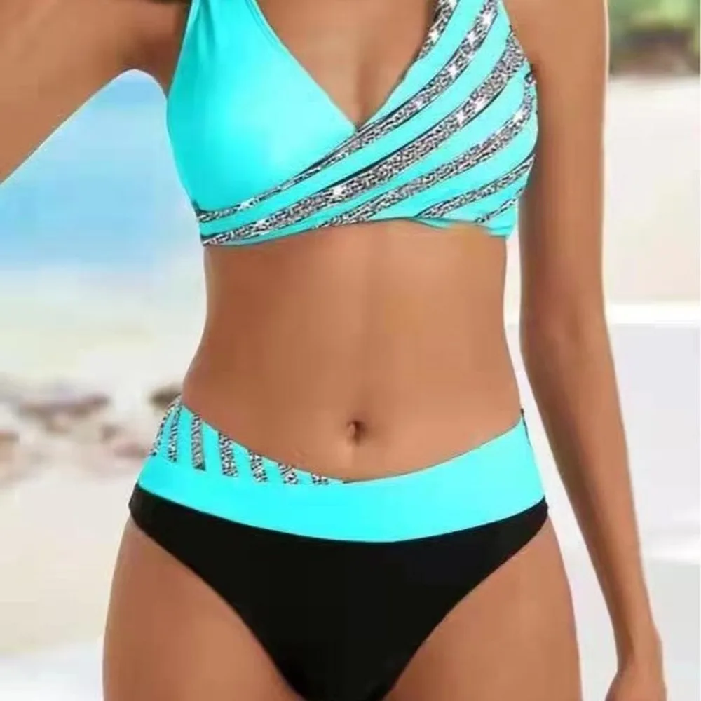 Sexy Rhinestone Two Piece Bikini Set For Women Sparkling Split Swimsuit Beachwear Glamorous Pool Party Look 2 Pieces Tankini Swi