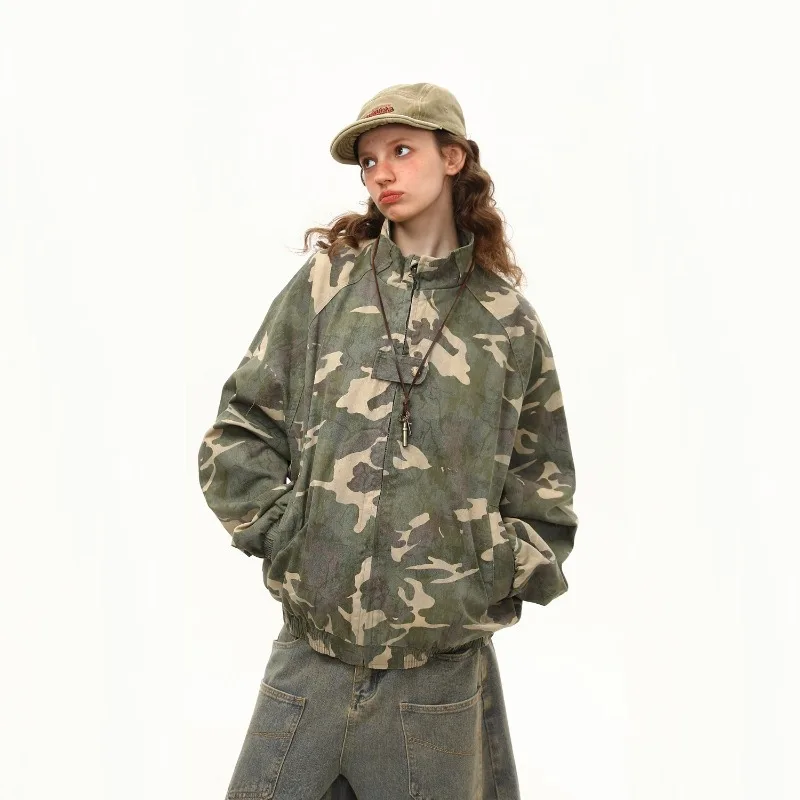 2025 otoño nueva chaqueta de camuflaje con cuello levantado Unisex suelta estilo de pareja ropa de calle informal prendas de vestir exteriores de moda para hombres y mujeres