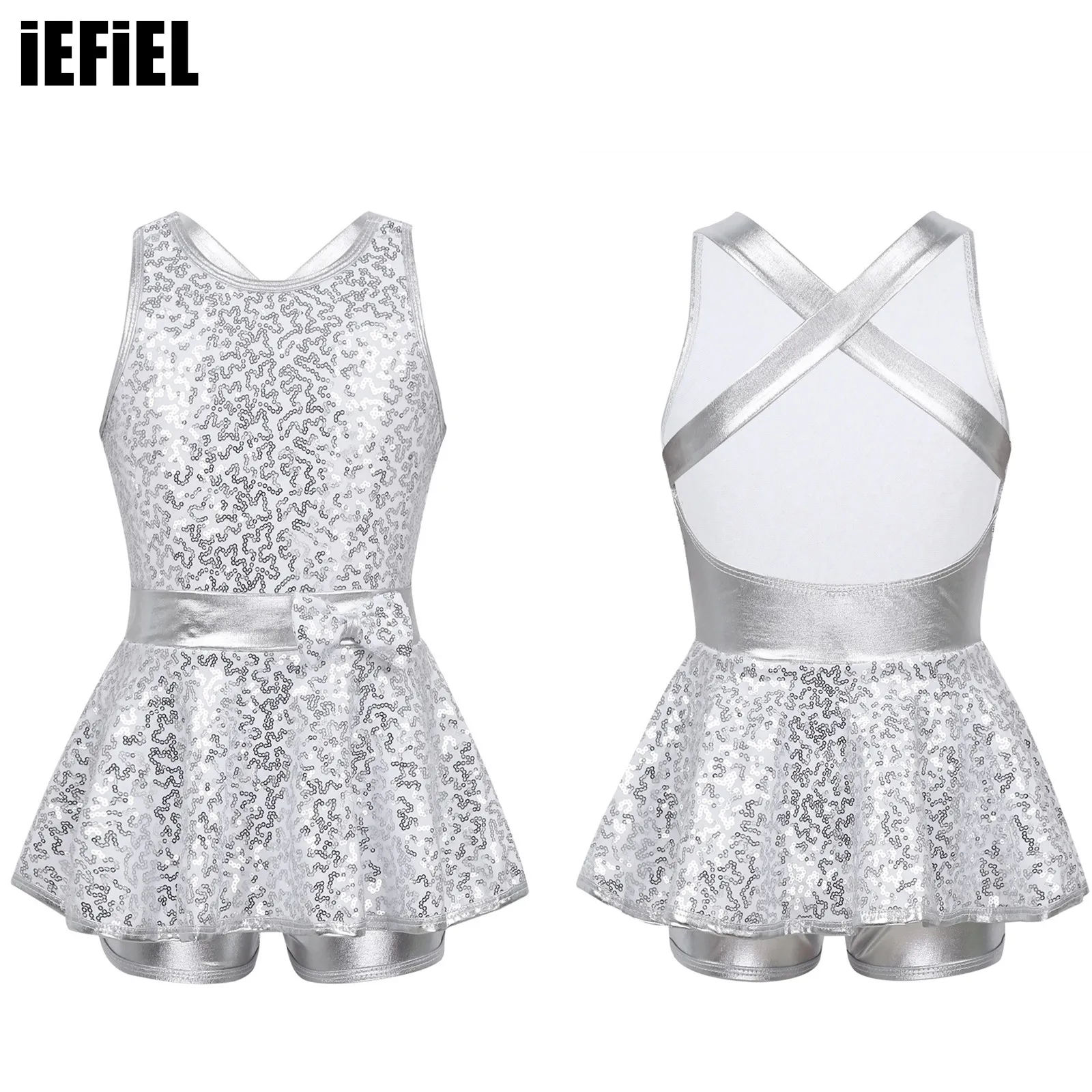 

Kids Girls Sequined Ballet Dance Leotard Modern Tap Dancewear Sleeveless Criss Cross Back Waist Bowknot Jazz Dance Dress