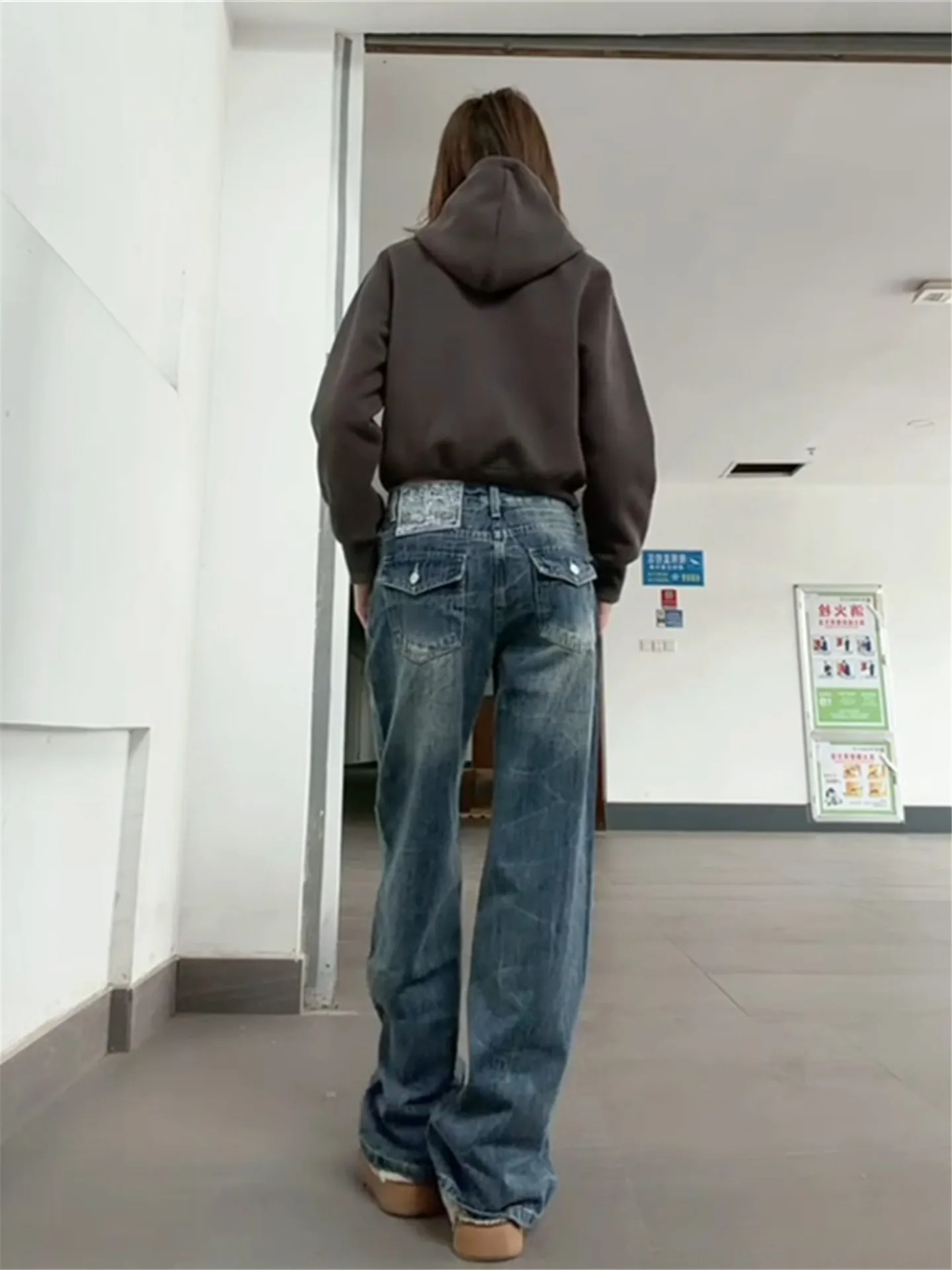 

American Style Vintage Blue Low Waist Straight Leg Jeans Women Loose Slimming Design Wide Leg Pants Casual Cotton Denim