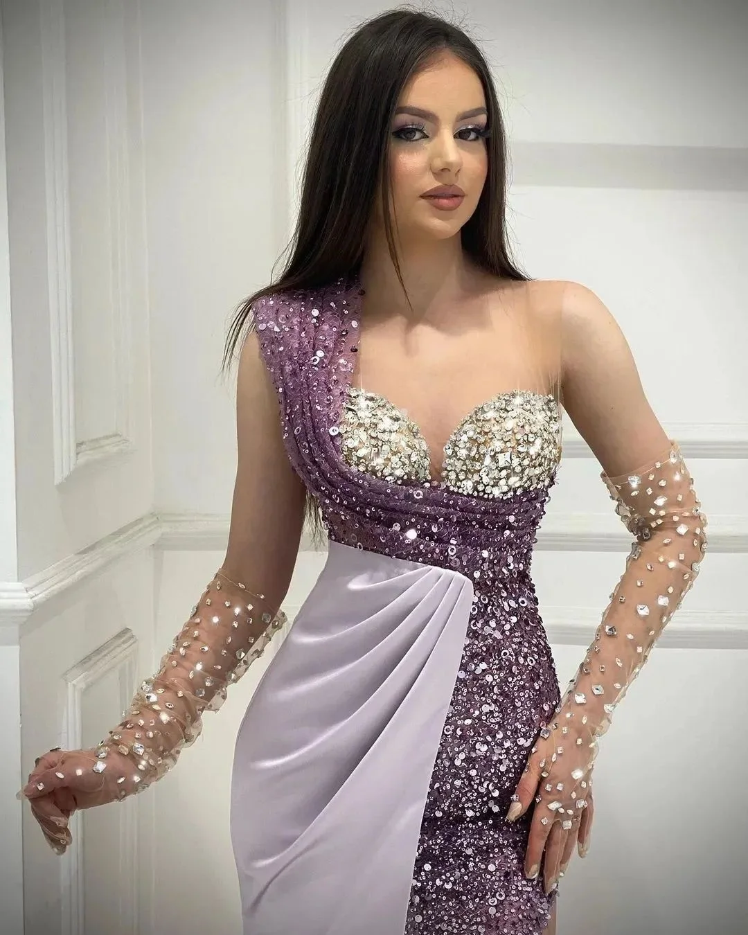 FATAPAESE One Shoulder Illusion Sleeve Formal Occasion Dress Sparkly Rhinestons Embellished Beading Glitter Beads Stons Clothes