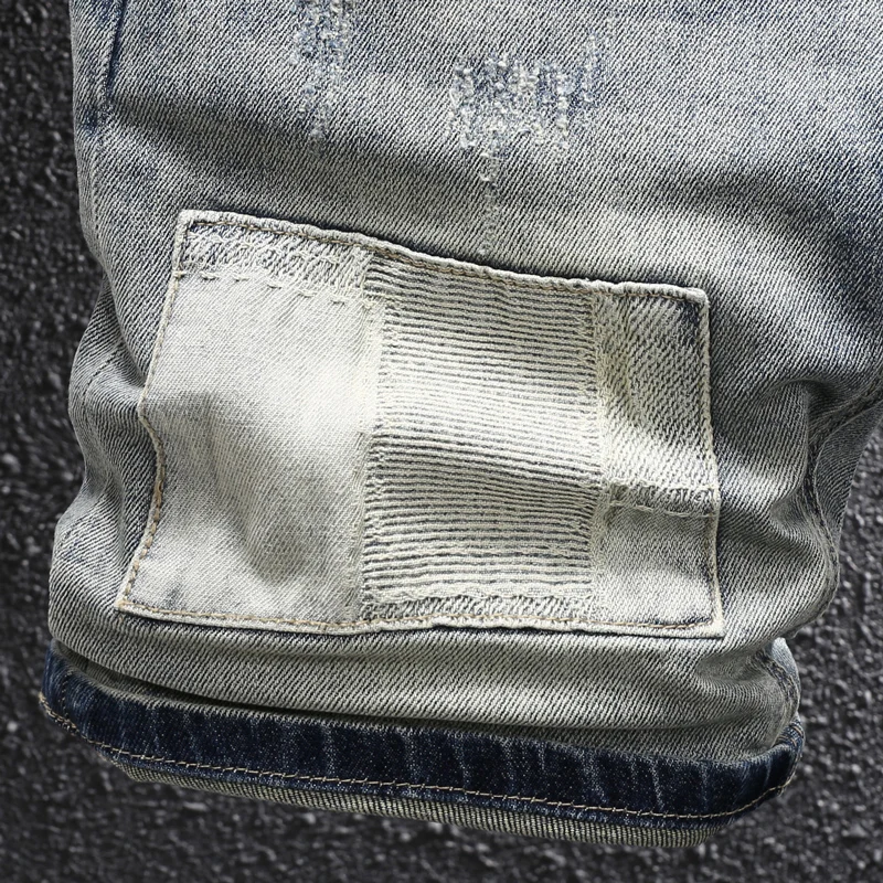 Fashion Designer Men Jeans Retro Washed Blue Stretch Slim Fit Patched Ripped Denim Shorts Men Y2K Summer Vintage Casual Shorts