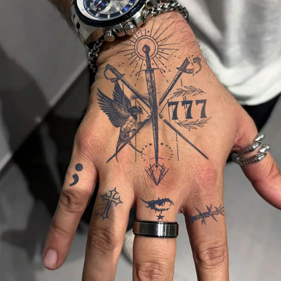 Waterproof Design Semi-Permanent Tattoos, Lucky Number 777 - Sword, Swallow, Peace Pattern - Dual-Use Men's Temporary Tattoos for Neck, Hand, and Fingers, Lasting for 15 Days