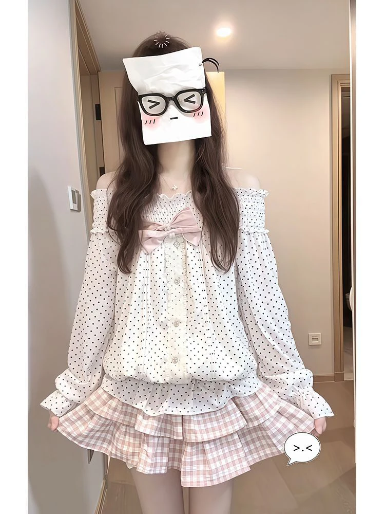 Women's Early Autumn Checkered Cake Skirt Set One Shoulder Strap Long Sleeve Dot Print Gentle Style Fashionable Two-Piece Suit
